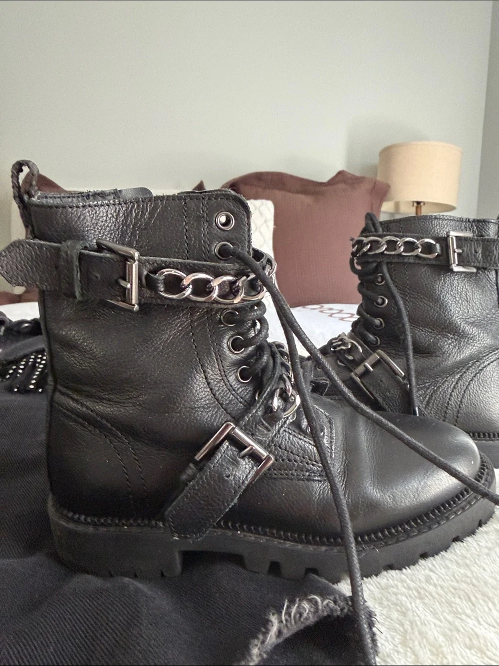 Zara Black Kids Lace-Up Combat Boots with Chain & Buckle Accents